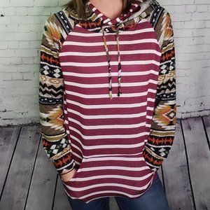 Lightweight Double Hoodie Mixed Pattern Boutique Long Sleeve Aztec Boho Top